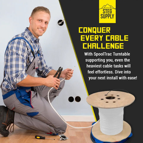 Installer using Rugged Heavy Duty Cable Reel Stand with Nylon Caddy and Metal Bearings for tidy cable management on site.