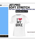 SofStretch Iron On Transfer Paper For Inkjet Printers 8 By 11 Inches 100 Sheet Pack For White Or Light Fabrics Commercial Grade Hot Peel Long Lasting And No Fuss Super Easy To Use image showing packaging and printed T-shirt with love my bike design