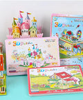 Colorful 3D puzzle sets displayed, featuring rainbow castle and garden house designs on a tabletop.
