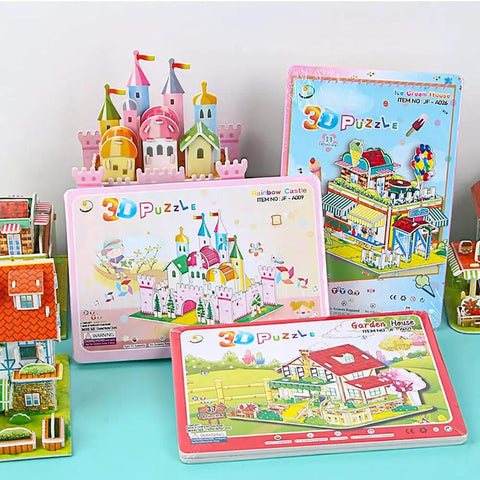 Colorful 3D puzzle sets displayed, featuring rainbow castle and garden house designs on a tabletop.