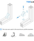 Diagram of M5 T-slot aluminum extrusion assembly for Ultimate M5 T Nut And Black Screw Kit showing bracket use and hardware installation.