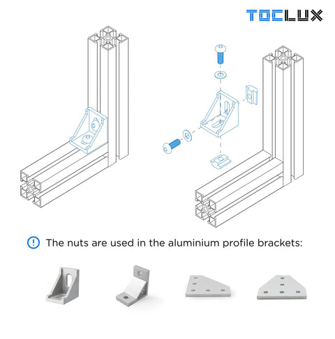 Diagram of M5 T-slot aluminum extrusion assembly for Ultimate M5 T Nut And Black Screw Kit showing bracket use and hardware installation.