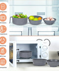 Microwave Ramen Cooker Bowl With Chopsticks And Spoon in a microwave and refrigerator, BPA free gray bowls shown with fruits and salad.