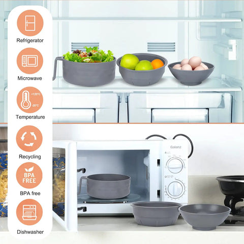 Microwave Ramen Cooker Bowl With Chopsticks And Spoon in a microwave and refrigerator, BPA free gray bowls shown with fruits and salad.