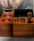 Tough 58Mm Espresso Knock Box And Dual Tamp Station Premium Stainless Steel Barista Workstation with wooden base and accessories.