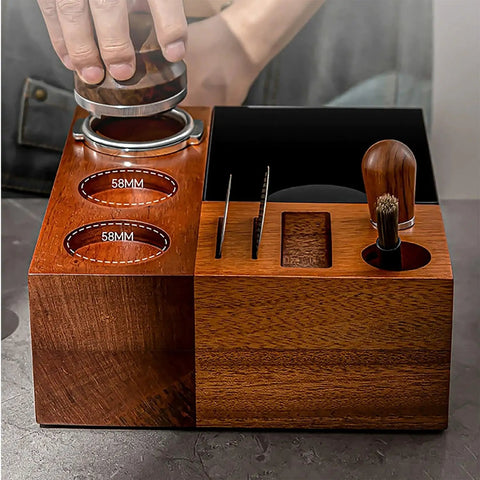 Tough 58Mm Espresso Knock Box And Dual Tamp Station Premium Stainless Steel Barista Workstation with wooden base and accessories.