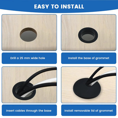 One Inch Desk Hole Wire Grommet Black Plastic Cable Cord Cover Organizer With Removable Lid step-by-step installation guide