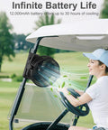 8 Inch Magnetic Clip On Fan For Golf Cart With 12000mAh Battery attached to golf cart providing cooling while driving