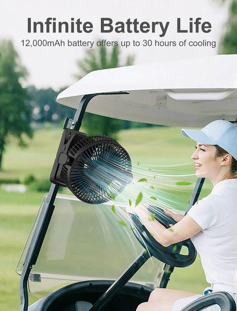 8 Inch Magnetic Clip On Fan For Golf Cart With 12000mAh Battery attached to golf cart providing cooling while driving