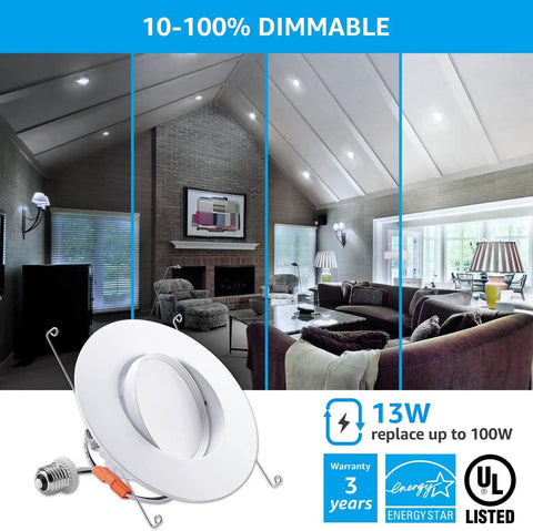 6 Inch Gimbal LED Recessed Light Kit Dimmable 13W Downlight Mood Lighting 5000K Daylight CRI90 Rotatable Wide Beam UL Listed