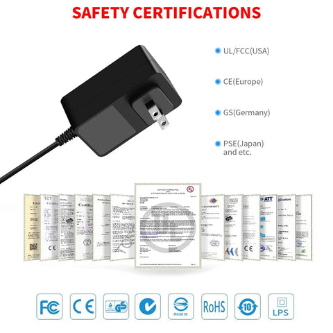 Image of MC2805A Charger for Eureka RapidClean Pro Stylus Lightweight Cordless Vacuum Cleaner Replacement Cord Adapter 100 to 240V 6 Ft Cable Works With NEC182 NEC185 NEC186 NEW400 displaying safety certifications.