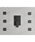 Wall Mounted Shower System with 6 Body Sprays and Hand Shower in matte black finish on textured stone wall.