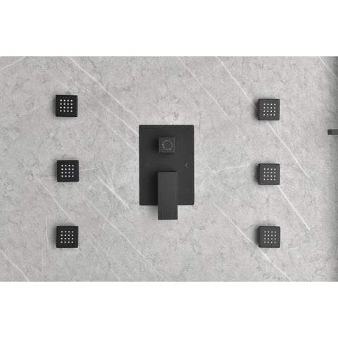 Wall Mounted Shower System with 6 Body Sprays and Hand Shower in matte black finish on textured stone wall.