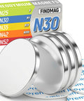 Front view of FINDMAG N30 neodymium disc magnets with double-sided adhesive, 4-pack, silver