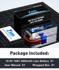 5S 4000mAh 18V 100C LiPo Battery Soft Pack With EC5 Connector, black box, manual, and cables on a grid surface