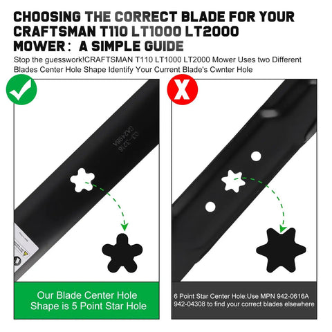 Diagram showing 5 Point Star center hole and 6 Point Star center hole for 42 Inch Mower Blades For Craftsman LT1000 LT2000 T110 Zero Turn Riding Mower Replacement 138971 532138971 With 5 Point Star Center Hole Mounting Pattern Fits 42 Inch Decks