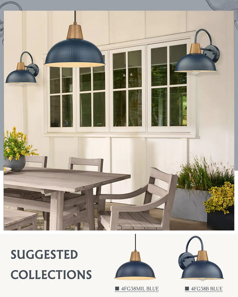 Two Pack Outdoor Wall Sconces Gooseneck Barn Lights With Hammered Metal Blue Shade Weatherproof Exterior Lamps for porch decor
