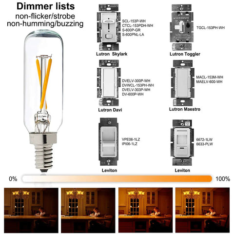 Dimmable T6 LED Bulb 25W Candelabra E12, 2700K Warm White alongside compatible dimmer switches and brightness scale.