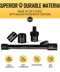 3/8 Inch Drive Impact Socket Set 29 Piece Shallow Socket Kit with SAE 3/8 to 1 Inch and Metric 8 to 22mm, Cr-V Steel, shown with features