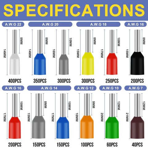 Ferrule Crimping Tool Kit With Wire Stripper, 2500 Pcs Ferrule Terminals, AWG 23-7 And AWG 22-7 End Terminals, specifications