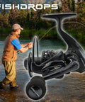 Ultra Lightweight Spinning Fishing Reel With 12 Plus 1 Ball Bearings, One Way Clutch in use by angler in river setting