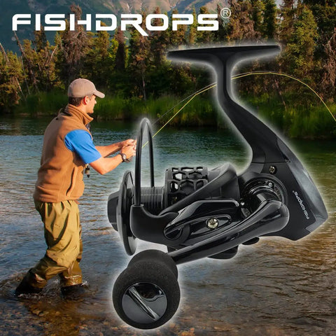 Ultra Lightweight Spinning Fishing Reel With 12 Plus 1 Ball Bearings, One Way Clutch in use by angler in river setting