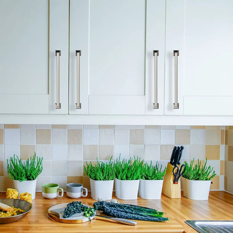 White kitchen cabinets with 10 Pack 7.5 Inch Brushed Satin Nickel Cabinet Handles For Kitchen Cabinets Cupboards Drawers And Dresser Pulls Durable Stainless Hardware Easy Install Sleek Modern Look Boss Style Pulls