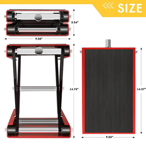 Heavy Duty 1100 Lb Motorcycle Lift Jack With Adjustable Height From 3.25 To 13.25 Inches Scissor Steel Stand dimensions.