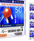 Smart Mini Blade Led Automotive Fuses 50 Piece Assortment Mix Kit Featuring Glowing Indicators displayed in packaging with details.