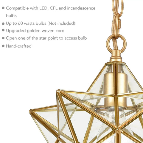 Close-up of Moravian Star Brass Pendant Light, 14-inch with clear glass shade and brass hardware, showcasing bulb access point.
