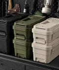 Stacked Dual Size Tool Box Organizer Set with Secure Locking Clasps in Garage