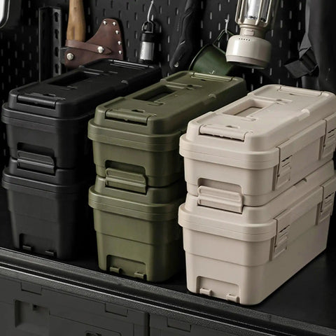 Stacked Dual Size Tool Box Organizer Set with Secure Locking Clasps in Garage