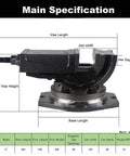 Five Inch Milling Machine Vise With Swivel Base And Four Direction Adjustable Jaws, specs and measurements displayed.