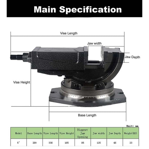 Five Inch Milling Machine Vise With Swivel Base And Four Direction Adjustable Jaws, specs and measurements displayed.