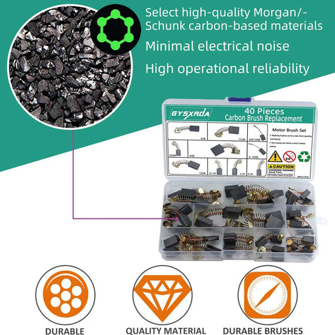 Electric Motor Carbon Brushes Set 40 Pack Replacement Kit with 10 Sizes, Morgan Schunk Carbon Material in Box