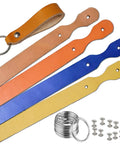 Grab These Straight Up Smooth Vegetable Tanned Leather Keychain Blanks 10 Pack Diy Craft Kit With Solid Rings And Rivets Totally Rad Hand Dyed Cowhide showing multicolored cowhide straps and metal rings.