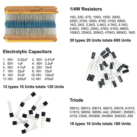 1540 Piece Electronics Component Assortment Kit With LED Diodes Transistors Resistors Capacitors And 40 Pin Male To Male Jumper Wires For DIY Projects And Maker Enthusiasts. 1/4W resistors, electrolytic capacitors, and transistors