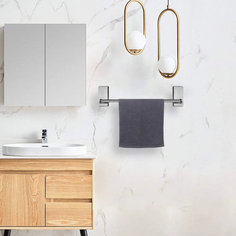 Self Adhesive Bathroom Towel Bar 16 Inch Brushed Nickel Stainless Steel No Drilling Wall Mounted Rack Waterproof Stick On Hanger Modern Bathroom Organizer in use above sink with towel.