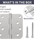 Premium 4 Inch Brushed Nickel Exterior Door Hinges 3 Pack Built Tough With Smooth Removable Pins And Installation Hardware Included For A No Sweat Upgrade To Your Home Entryway showing included screws and hinge details.