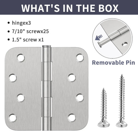 Premium 4 Inch Brushed Nickel Exterior Door Hinges 3 Pack Built Tough With Smooth Removable Pins And Installation Hardware Included For A No Sweat Upgrade To Your Home Entryway showing included screws and hinge details.