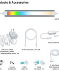 Under Cabinet LED Strips With RGB CW Color Changing Lights Dimmable Brightness For Alexa And Google Home Voice Control Mood Lighting For Showcases TV Backlights Kitchen Counters Bookcases And More 3 Light Bar Kit components shown, including LED bar, power supply, control box, cables, and clips.