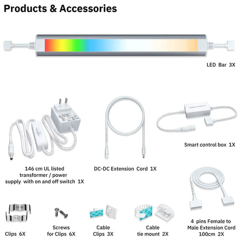 Under Cabinet LED Strips With RGB CW Color Changing Lights Dimmable Brightness For Alexa And Google Home Voice Control Mood Lighting For Showcases TV Backlights Kitchen Counters Bookcases And More 3 Light Bar Kit components shown, including LED bar, power supply, control box, cables, and clips.
