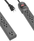 Surge Protector Power Strip With Six Outlets And 790 Joules Of Surge Protection, Built-In Circuit Breaker, LED Indicator Light, 6Ft Heavy Duty Extension Cord, Black, Pack Of 2 shown with cords and plugs