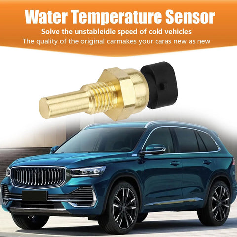 Engine temperature sensor, brass body with black connector; blue SUV in background.