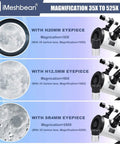 Portable 76mm Aperture 700mm Focal Length Reflector Telescope With AZ Mount For Beginners showing magnification options with eyepieces