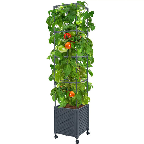 Raised Garden Bed Planter Box With Trellis And Wheels Self Watering System 57 Inch Tomato Cage for climbing plants and tomatoes