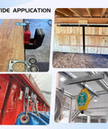 Beefy 2 Wheel Unistrut Trolley Roller Assembly for 1-5/8 inch channels, displaying various installation applications: wood, garage, and hoist.