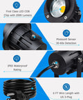 Lit 20W Outdoor COB Landscape Spotlight With Dusk To Dawn Sensor features, including 2000 lumens and IP65 waterproof rating.