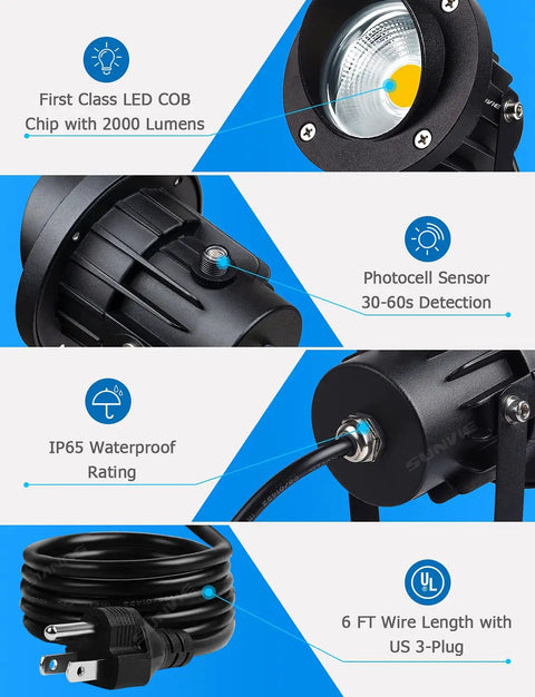 Lit 20W Outdoor COB Landscape Spotlight With Dusk To Dawn Sensor features, including 2000 lumens and IP65 waterproof rating.