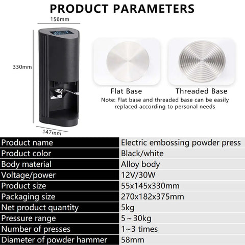 Knockout Quality Automatic Electric Coffee Tamper With 58 Mm Steel Footplate And Digital Touch Panel, showing product dimensions and features.